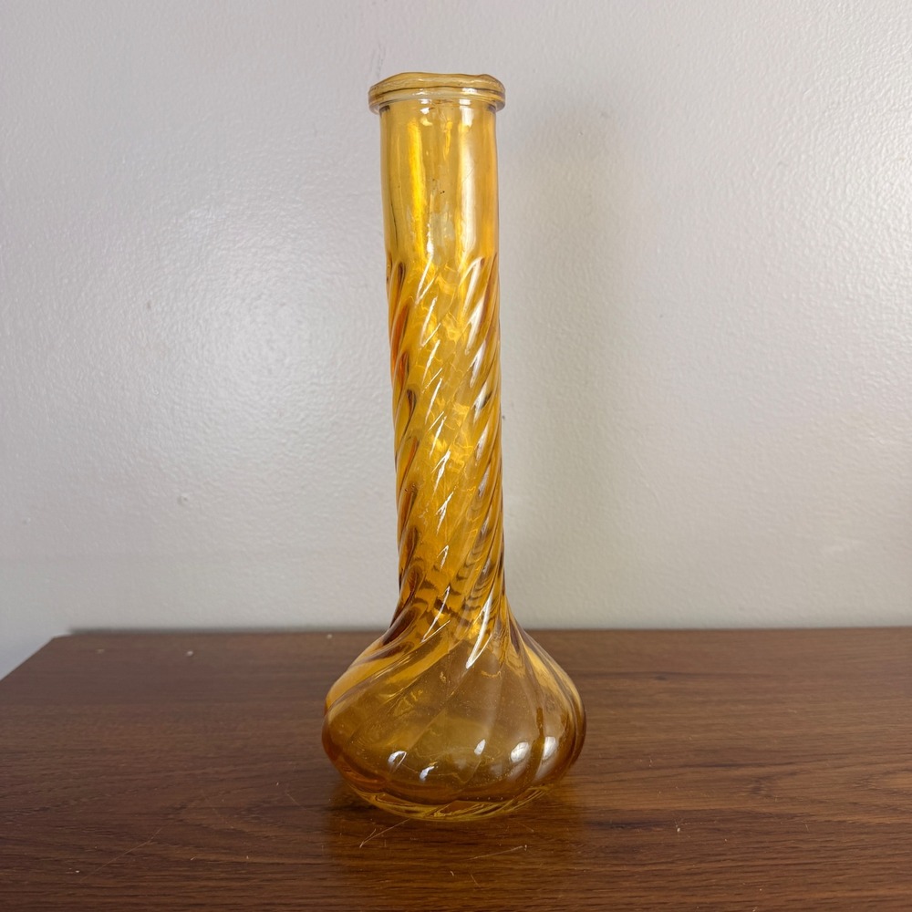 Vintage Amber Flashed Glass Bud Vase Twisted Swirl MCM 8.5" Gold Tone